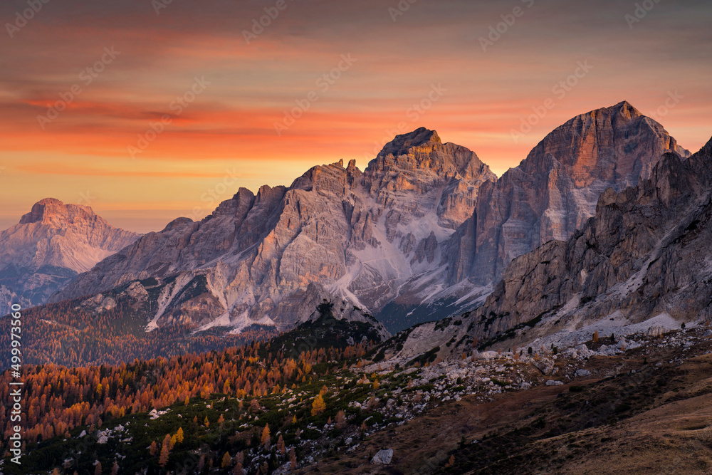 Plakat Beautiful landscape of sunset in mountains during autumn