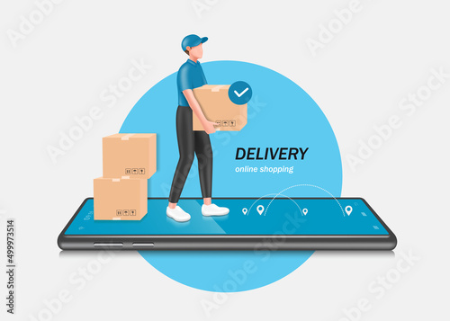 male delivery man in uniform standing on smartphone and is holding parcel boxes waiting to be delivered to customers,vector 3d isolated,character  for online shopping and delivery concept design