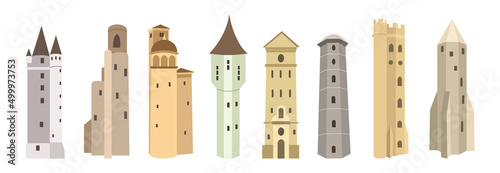 Set of stone towers in cartoon style. Vector illustration of historical, fairy-tale or fantasy medieval buildings on white background.