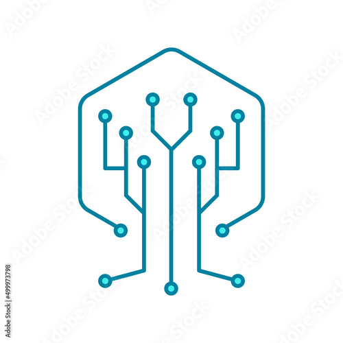 Digital tree line icon. Blue color circuit tree. Data science concept. Technology and nature connection. Internet and networking idea. Natural pattern in science. Vector illustration, flat, clip art. photo