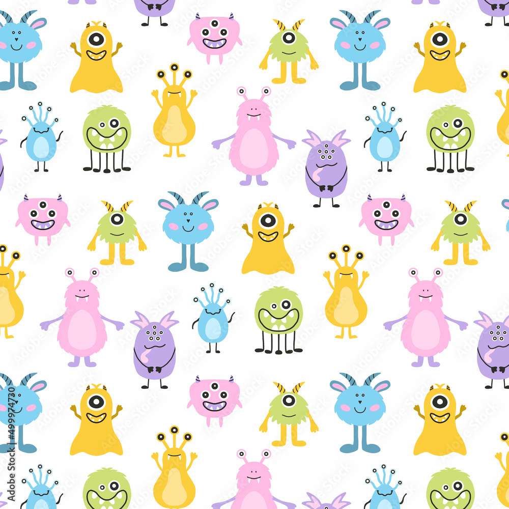 Monster Halloween seamless pattern. Cute cartoon characters in simple hand-drawn Scandinavian style. Vector childish funny doodle illustration. Baby clothes, textiles, fabric, wallpaper,paper Monster Halloween seamless pattern. Cute cartoon characters in simple hand-drawn Scandinavian style. Vector childish funny doodle illustration. Baby clothes, textiles, fabric, wallpaper,paper