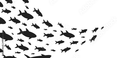 Canvas Silhouettes school of fish with marine life of various sizes swimming fish flat style design vector illustration