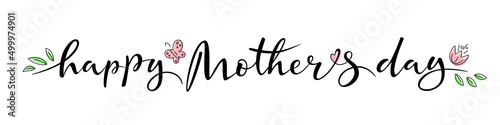 Hand drawn elegant brush lettering Happy Mother's Day with flowers on transparent background. Line design. Calligraphy vector text for banner, poster, flyer, header. Season greeting