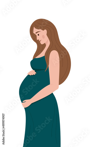 Young beautiful pregnant woman. Side view silhouette. Pregnancy flat character with long hair. Pregnancy or mathernity concept vector illustration