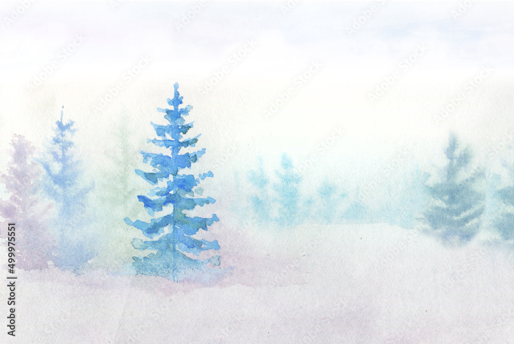 Watercolor abstract background with fir trees on snow hand drawn illustration
