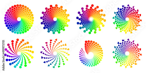 Color wheel palette or color circle vector icons set isolated on white background. Rainbow spectrum colorful wheel design rgb palettes amde of circle dots or triangles. photo