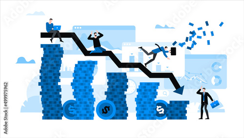 Panicking people with graph of falling stock prices. Animation ready duik friendly vector. Conceptual business story. Financial crisis, economic recession, bankruptcy, depression.
