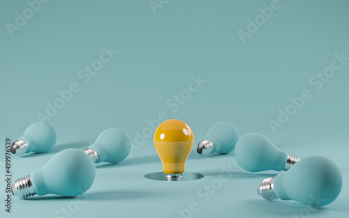 One yellow Lightbulb emerge from the hole among falling blue light bulb with copy space for creative thinking , problem solving solution and outstanding concept by 3d rendering illustration.