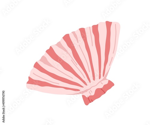 Sea shell, scallop. Marine undersea mollusc, clam of fan shape. Underwater mollusk. Ocean seashell. Exotic beach shellfish, clamshell. Flat vector illustration isolated on white background