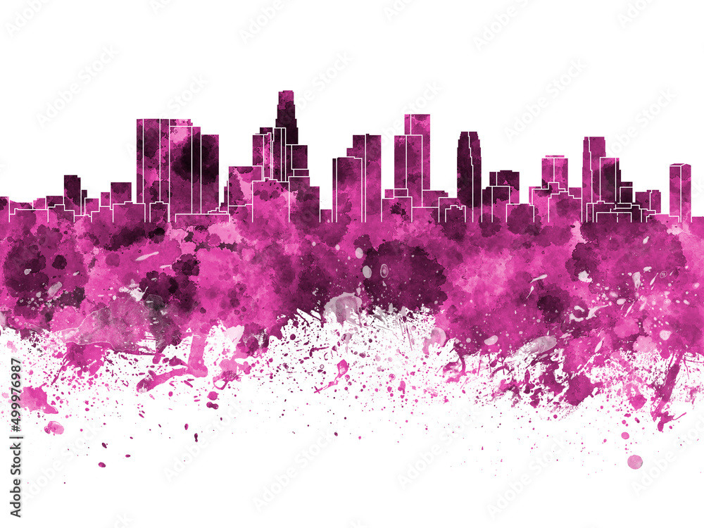 Los Angeles skyline in watercolor on white background