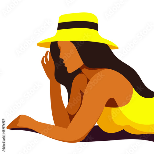 vector image on the theme of summer holidays.a beautiful young tanned girl in a yellow swimsuit with a hat is sunbathing on the beach.useful for advertising summer vacations, resorts, hotels, beaches