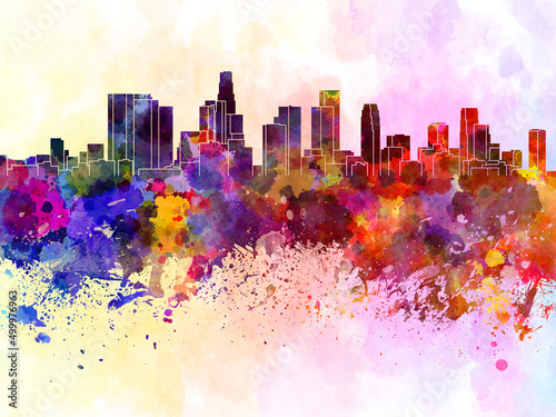 Los Angeles skyline in watercolor background © Paulrommer