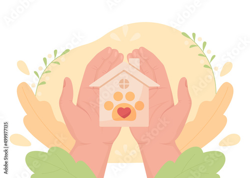 Facility providing food and shelter to homeless animals 2D vector isolated illustration. Activism flat first view hand on cartoon background. Colourful scene for mobile, website, presentation