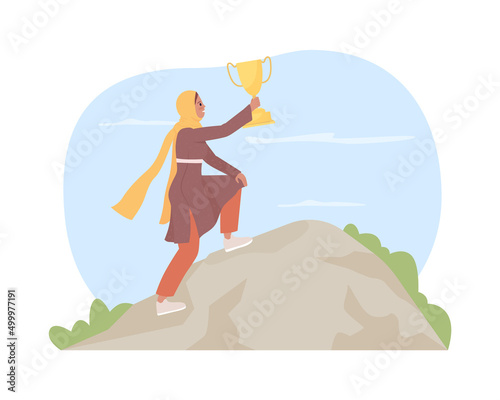 Women empowerment 2D vector isolated illustration. Independent woman with goals and gains flat character on cartoon background. Feminism colourful scene for mobile, website, presentation