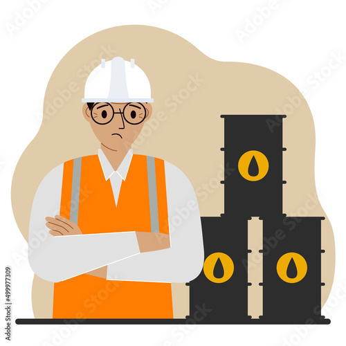 Oil barrels and a sad oilman. Oil industry and worker or engineer in special clothes and helmet.