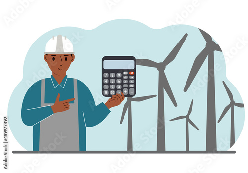 Technician engineer man, energy wind farm. The concept of clean alternative energy. Environmental protection, ecology protection.