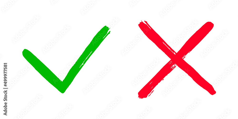 Two dirty grunge hand drawn with brush strokes cross x and tick OK check marks vector illustration isolated on white background. Check mark symbol NO and YES buttons for vote box, web, etc. Two dirty grunge hand drawn with brush strokes cross x and tick OK check marks vector illustration isolated on white background. Check mark symbol NO and YES buttons for vote box, web, etc.