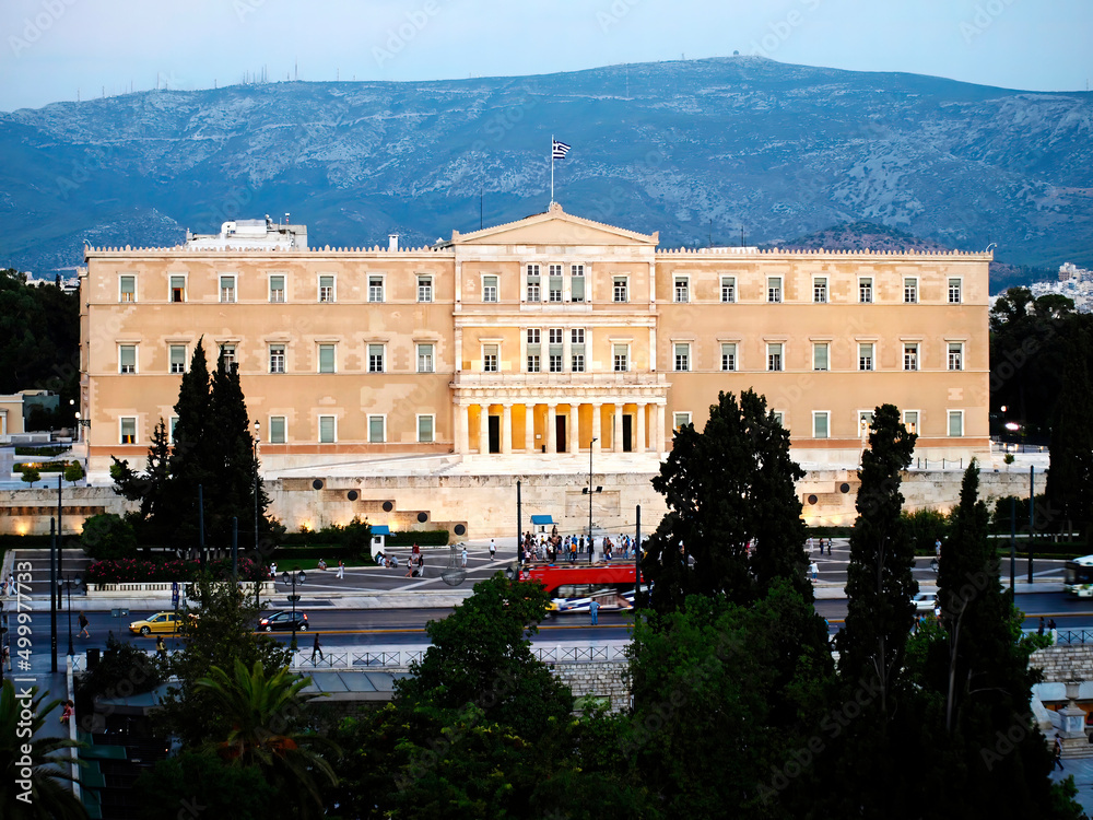 The neoclassical Greek parliament (ex king's palace) on Syntagma (constituition) square, Athens, Greece.