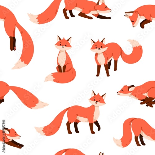 Cute fox pattern. Seamless background with funny happy wild red orange animals, repeating print. Endless printable foxy texture for textile. Kids colored flat vector illustration for decoration