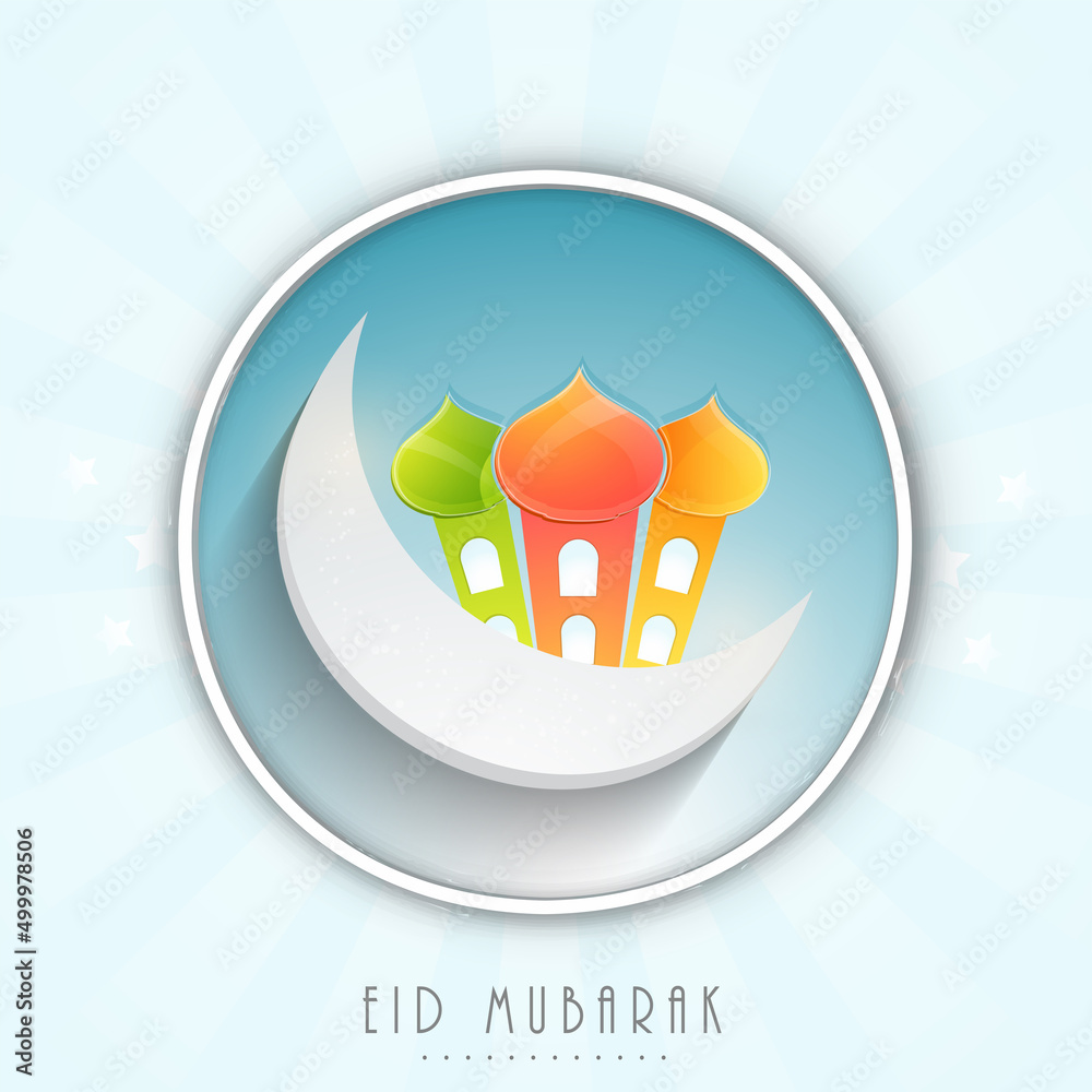 Eid Mubarak Greeting Card With Crescent Moon, Mosque On Circular Frame Against Pastel Blue Rays Background.
