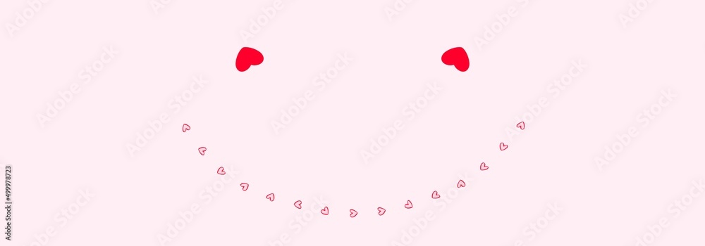 Illustration red hearts eyes and pink smiley hearts on light pink background. 17 hearts