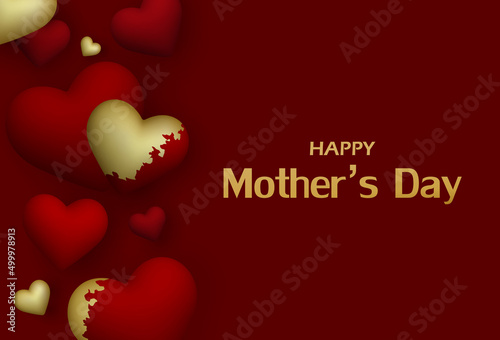 Stylish greeting card for Happy Mother's Day. Composition of red and gold 3D hearts.