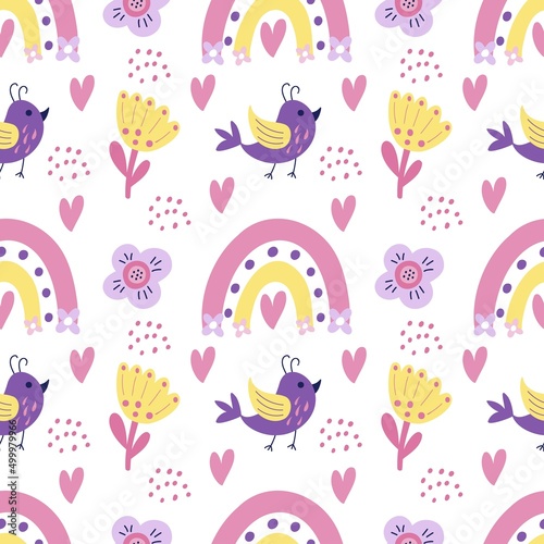Seamless pattern with cute lilac bird, hearts, rainbows, flowers on a white backfround. Vector graphics for prints on childrens clothes, t-shirts, pillows, 