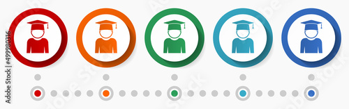 Student, graduation concept vector icon set, infographic template, flat design colorful web buttons in 5 color options