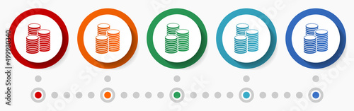 Money, cash, business concept vector icon set, infographic template, flat design colorful web buttons in 5 color options