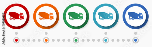 Concrete mixer, vehicle concept vector icon set, infographic template, flat design colorful web buttons in 5 color options