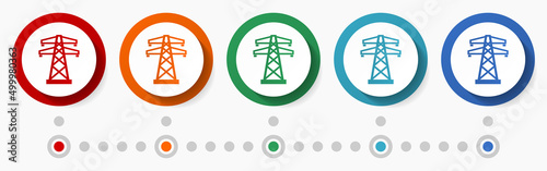 Power line concept vector icon set  infographic template  flat design colorful web buttons in 5 color options
