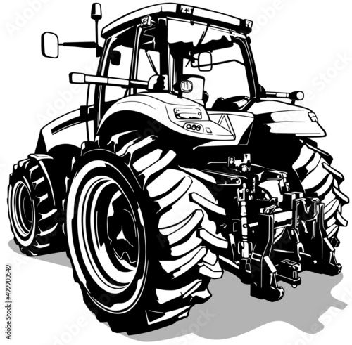 Drawing of Farm Tractor from Rear View - Black Illustration Isolated on White Background, Vector