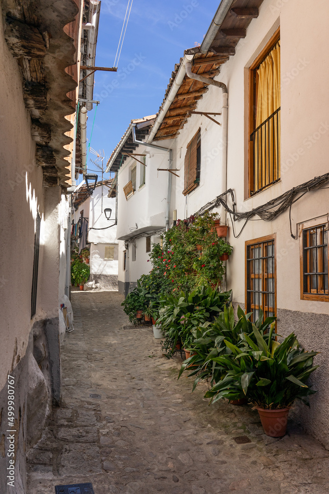 The streets of the Jewish quarter of Hervás with the typical white houses in Cáceres, Extremadura, Spain.
