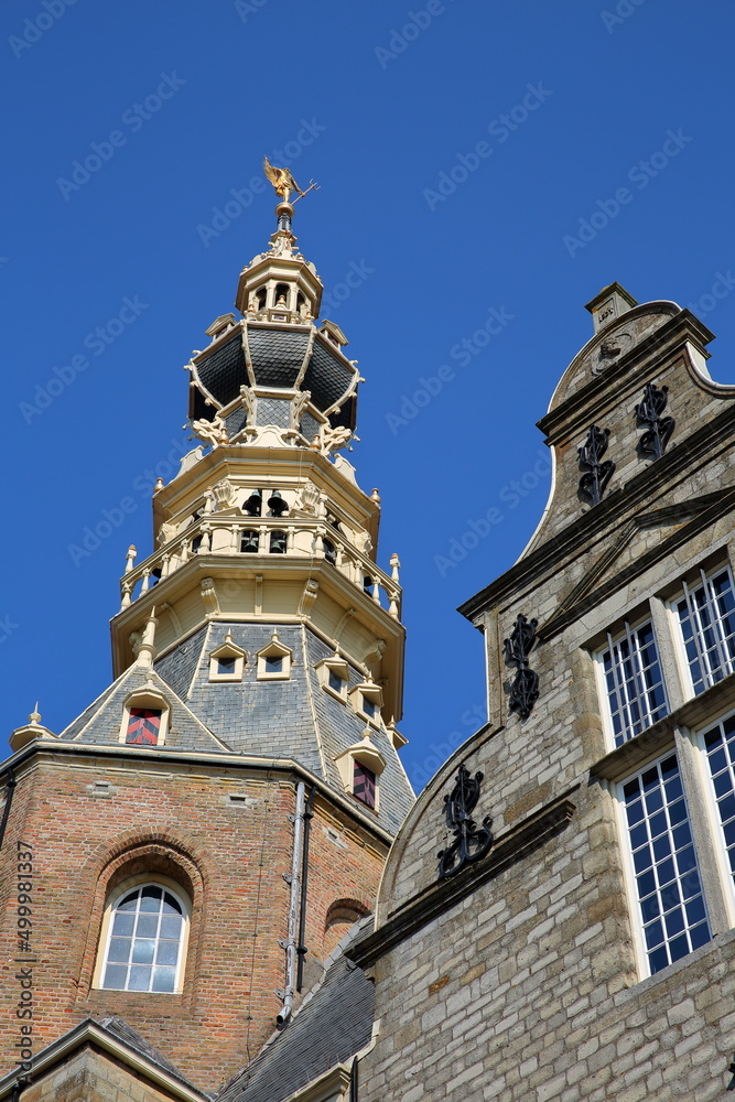 Close-up on the impressive decorated tower of the Stadhuis (Town Hall) in Zierikzee, Zeeland, Netherlands