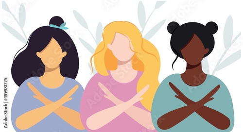 Women of different nationalities and skin colors protest, oppose the war for peace. World peace. Vector flat style. Set of female characters. Banner, poster. Unity, brotherhood.