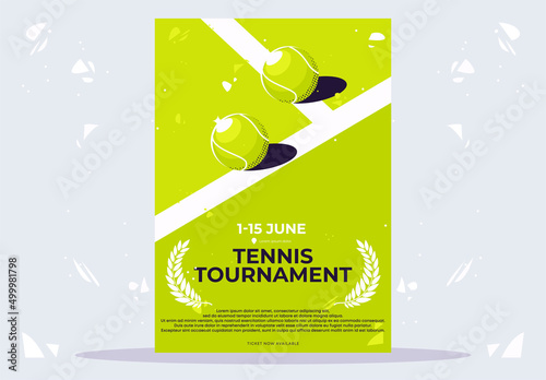 vector illustration of a minimalist poster template for a tennis tournament, with light green balls lying on a tennis court