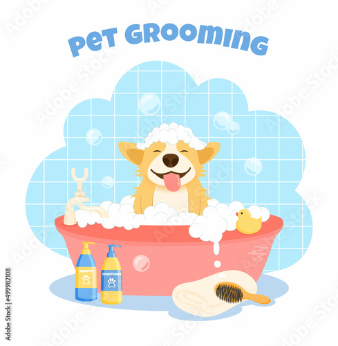 Pet grooming concept. Cute welsh corgi dog character, takes a bubble bath. Dog washing service the grooming salon. Cartoon flat vector illustration.