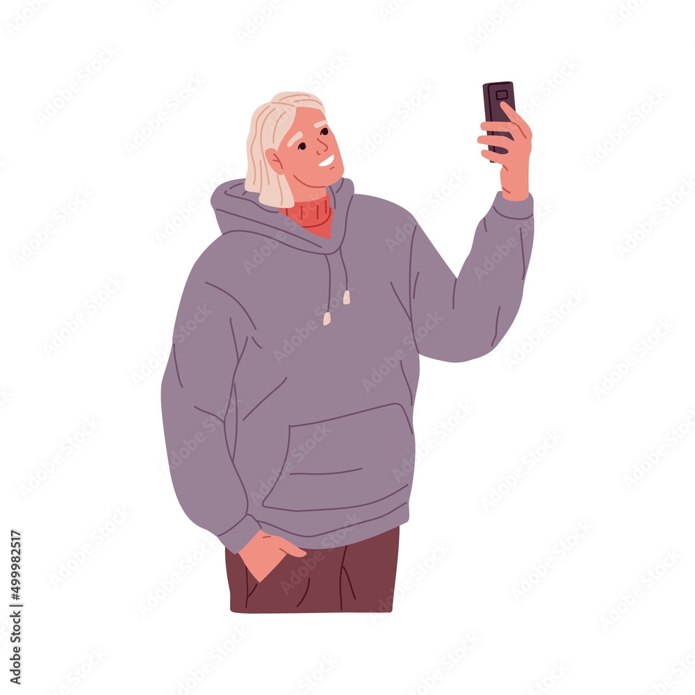 Happy person with mobile phone in hand, chatting online during video call. Smiling man holding, using smartphone, talking, recording story. Flat vector illustration isolated on white background Happy person with mobile phone in hand, chatting online during video call. Smiling man holding, using smartphone, talking, recording story. Flat vector illustration isolated on white background