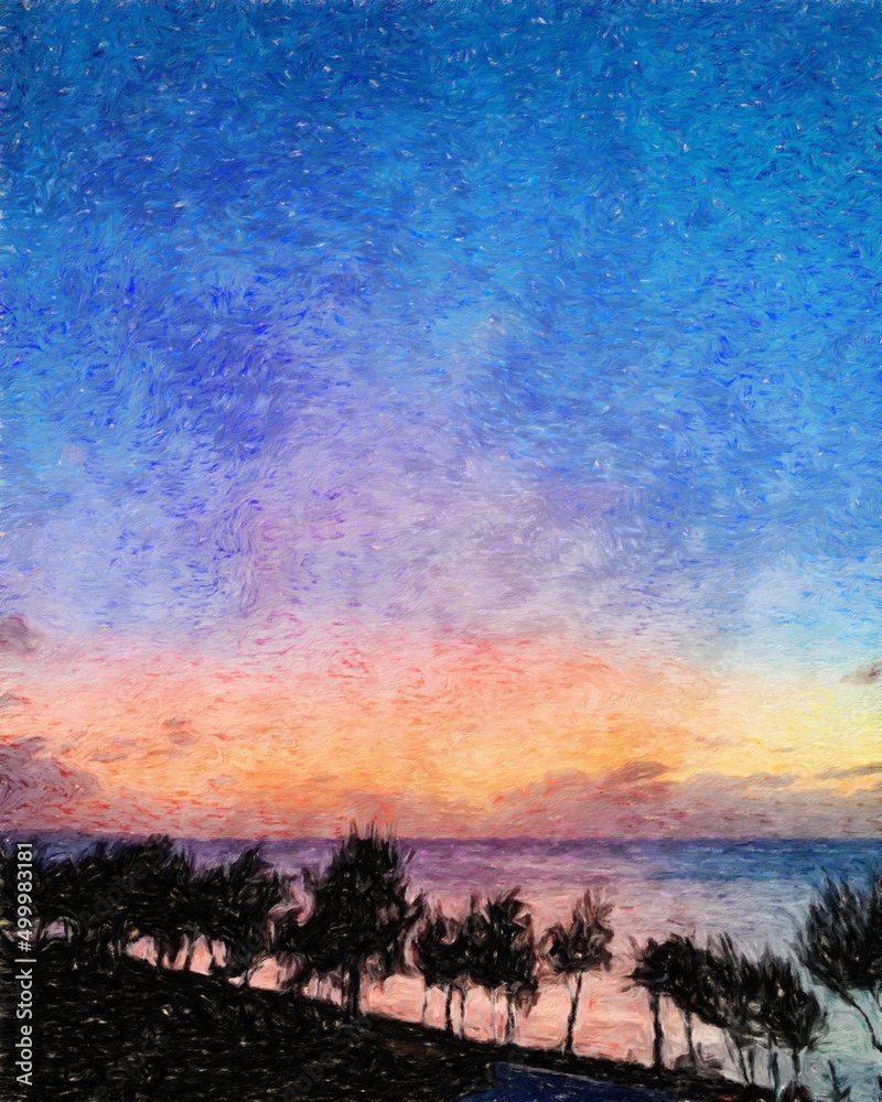 Nature landscape painting in oil pictorial art, famous travel and