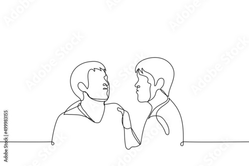 angry man grabbed another by the scruff of the neck and brought his face closer to him - one line drawing vector. concept of rage, anger, conflict, quarrel, aggression, use of physical force, violence