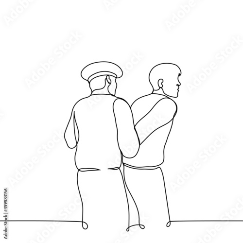 Fotografija policeman twists man's arms behind his back - one line drawing vector