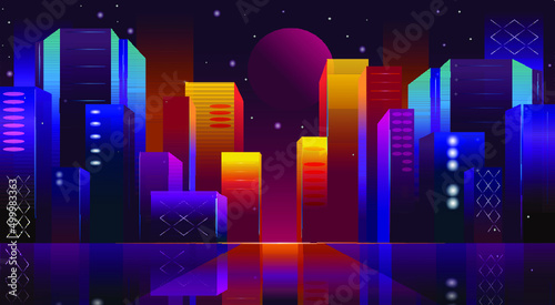 Night city, a metropolis with a neon glow and moon. Lights from city apartments add to the summer dusk city glow. Vector illustration. Minimalism