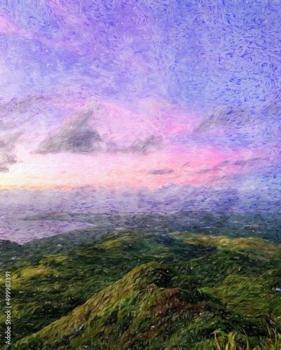 Nature landscape painting in oil pictorial art, famous travel and tourism place, outdoor vacation trend print for poster, paper, textile or canvas. Modern fine arts design wallpaper. Wall art drawing