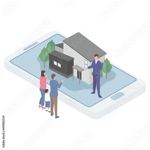 オンラインで物件の内見をする夫婦と営業をする不動産業のビジネスマン