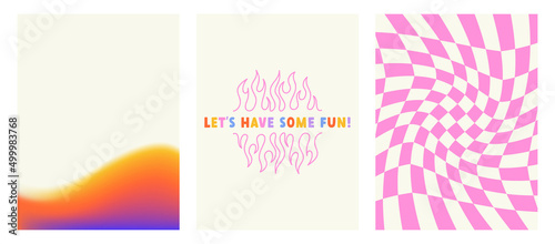 Set of bright posters. Lettering and flame print, modern mesh editable gradient and checkered distorted background. Modern vector illustration of Y2k. Nostalgia for the 2000 years. photo