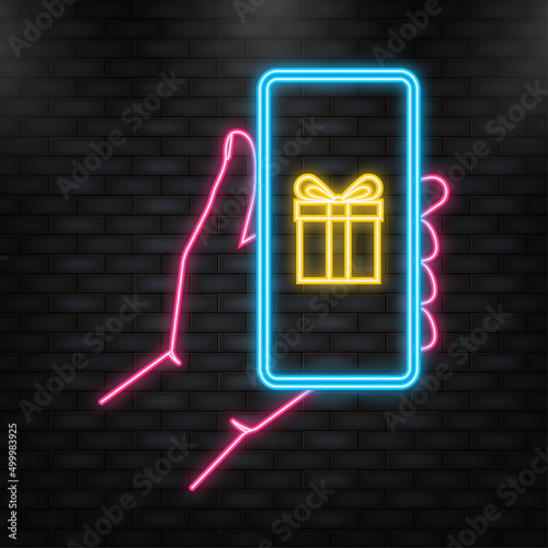 Neon Icon. Hand holds phone with prizes box on screen. Vector illustration. Discount coupon icon and prizes box on smartphone