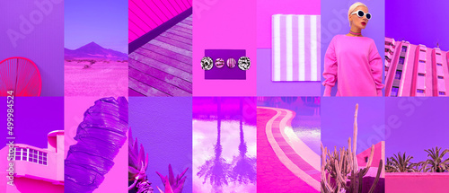Set of trendy aesthetic photo collages. Minimalistic images of top colors. Purple and pink moodboard