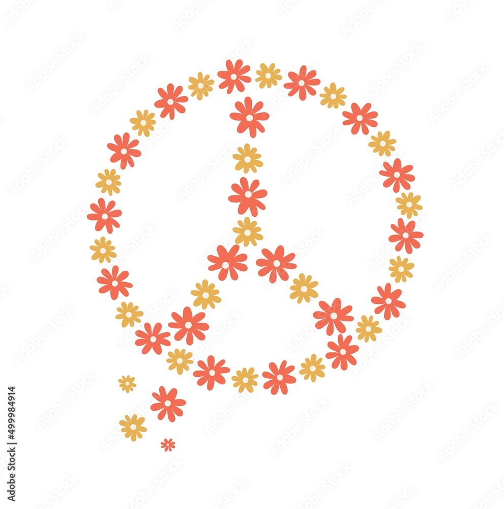Peace symbol vector.Peace flower symbol.1970's groovy vintage retro floral illustration.Pink.Orange.Flat vector.Fashionable flat style illustration for kids t shirt.Children print.