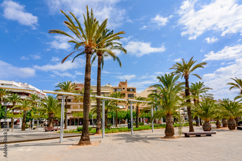 Port Alcudia promenade with palm trees, Mallorca island, Spain