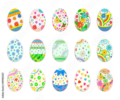 Set of bright Easter eggs with patterns. Vector flat image of decorative eggs for Easter holiday
